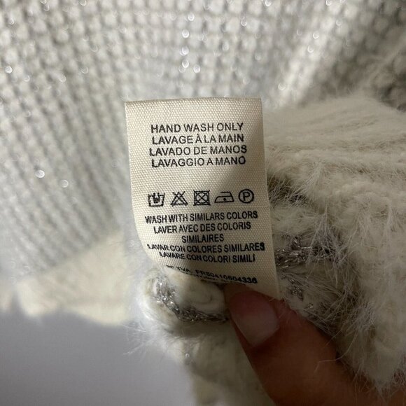 FRNCH Womens Sz S/M Mock Neck Fuzzy Geometric ZigZag Hem Ivory Metallic Sweater - Picture 6 of 9